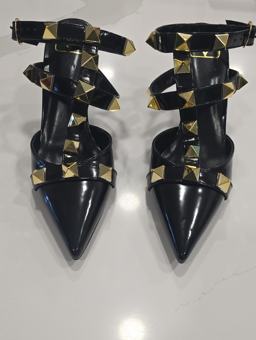 Authentic Valentino Garavani Black Patent Heels with Gold Rockstuds Size 39